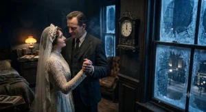 A man in a suit holds the ghost bride's hands at midnight in Room 9