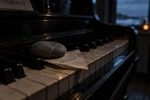 Smooth gray stone and a folded note resting on piano keys