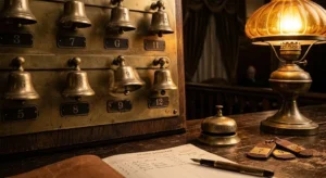 Old hotel bell board with the bell for Room 9 ringing at night