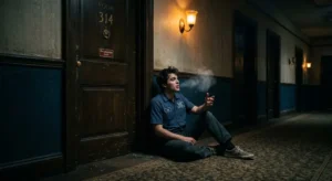 Night clerk sitting outside Room 9, talking to the ghost behind the door