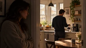A woman watches her partner make coffee, suddenly afraid of him