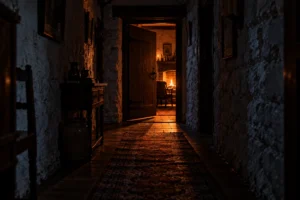 Half-open wooden door at the end of a dark hallway, firelight spilling out