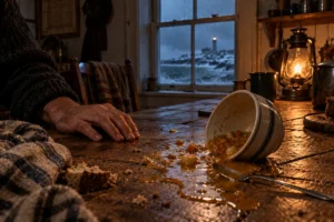 Spilled bowl of soup on a wooden kitchen table in lamplight