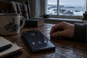 Phone on a wooden table beside a woman's hand after a call has ended