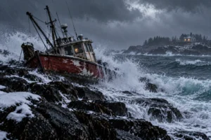 Red lobster boat stranded on black rocks in a winter storm