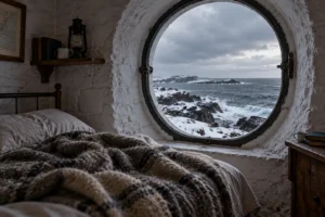 Round window of a stone room looking out at a gray winter sea