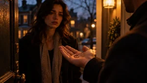A man holds out a lost wedding ring at a front door at dusk