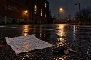 Dropped car keys and sheet music in a dark, wet parking lot at night