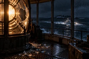 Cracked lighthouse lens at night with a boat's lights approaching across the sea