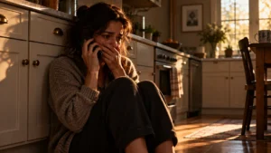 A woman on the kitchen floor in shock during a phone call