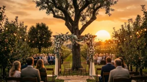Wedding arbor under an old apple tree with string lights in the orchard at golden hour