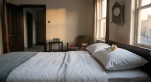 A dried white rose on a made bed in Room 9 the morning after